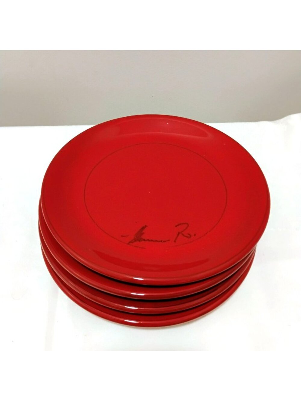Set Of 4 Red Mamma Ro Italy Ceramic Salad Plates With Signature Design 8"
